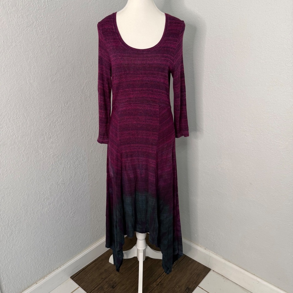 Art of Cloth‎ Womens XS Space Dye Tie Dye Sharkbite Hem Midi Dress Magenta Teal